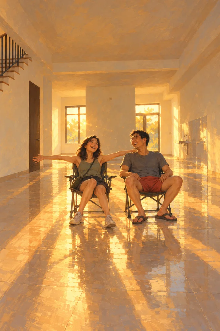 Andrew and Hailey laughing on two camping chairs in their empty new house at golden hour